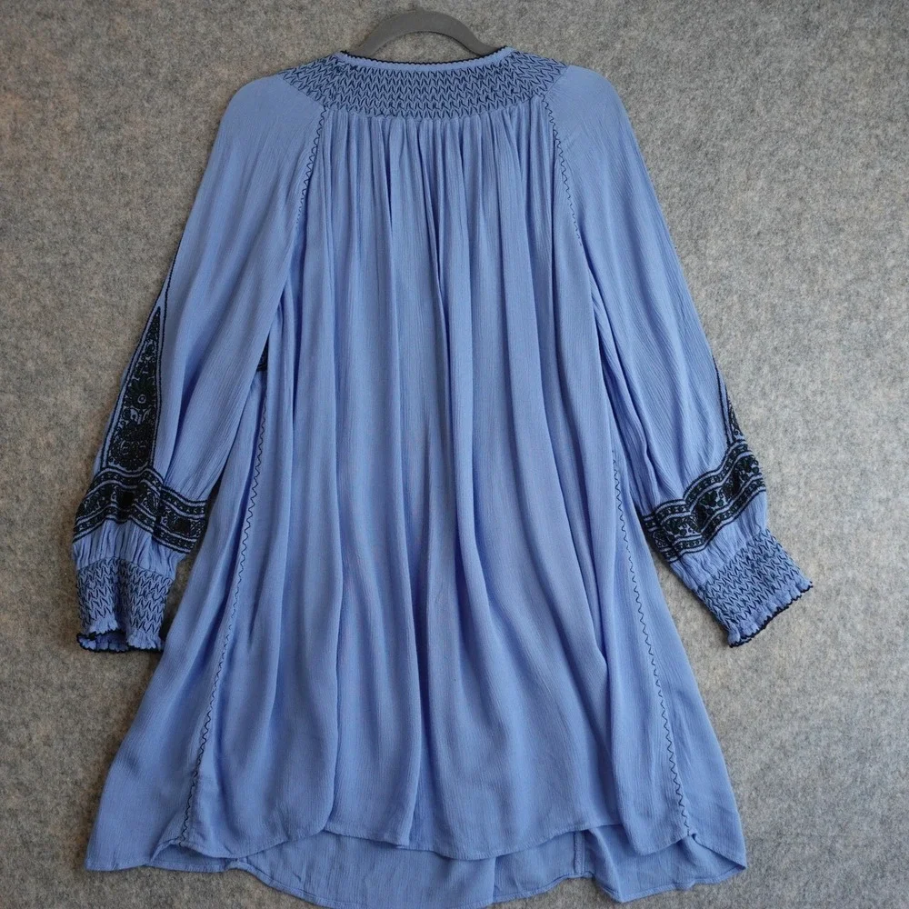 Free People Embroidered Tunic Mini Dress XS Blue Wind Willow Boho Tassel Peasant